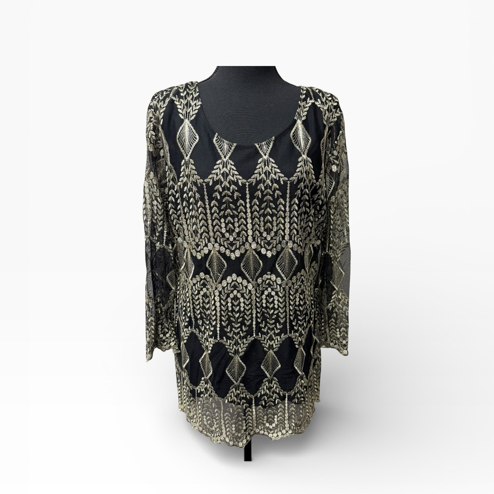 Reba Woman Black Gold Embroidered Mesh Tunic Blouse 2X Boho Evening Chic Top